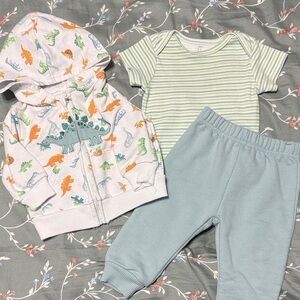 Chick Pea Dinosaur Hoodie and Striped Bodysuit Set - Multicolor and Green